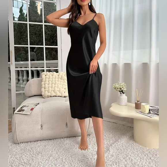 Sleek Midnight Satin Slip Dress - Picture 2 of 4